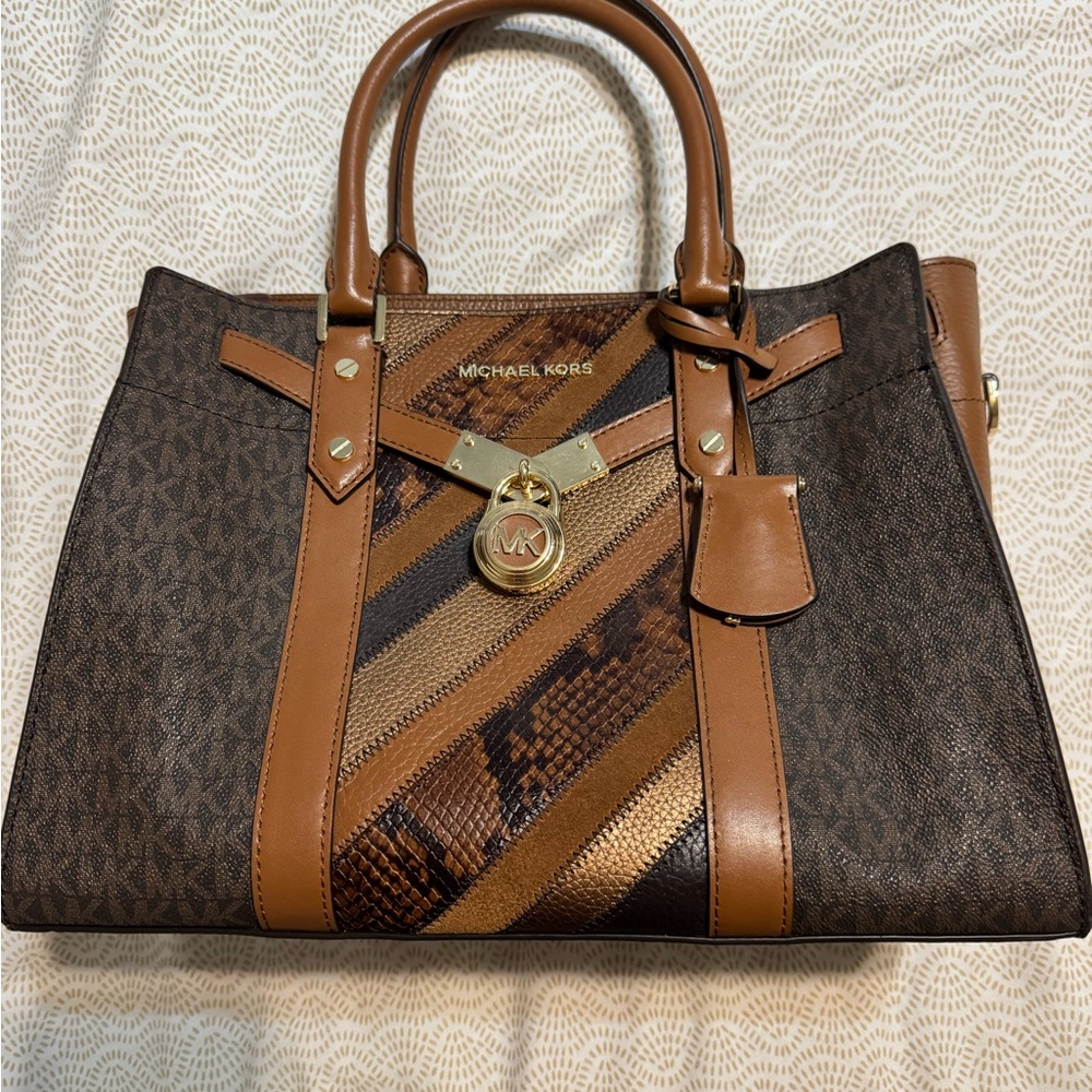 Michael Kors Hamilton Nouveau Brown and Tan Striped Satchel/Handbag